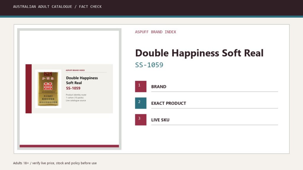 ASPuff brand index graphic with the live Double Happiness Soft Real pack image and SKU SS-1059
